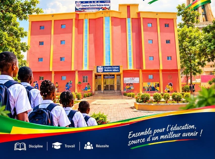 Visuel du CSMA : élèves devant l’école, discipline, travail et réussite
